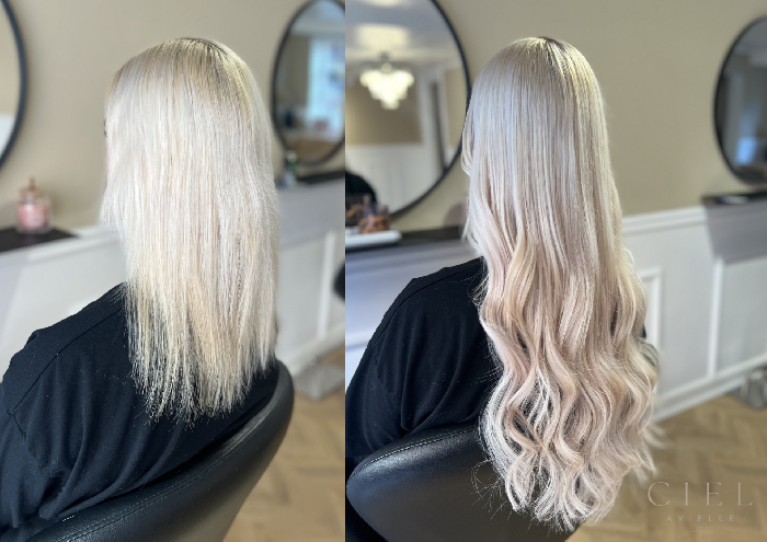 Før og efter – hair extensions hos CIEL AVIELLE i Horsens