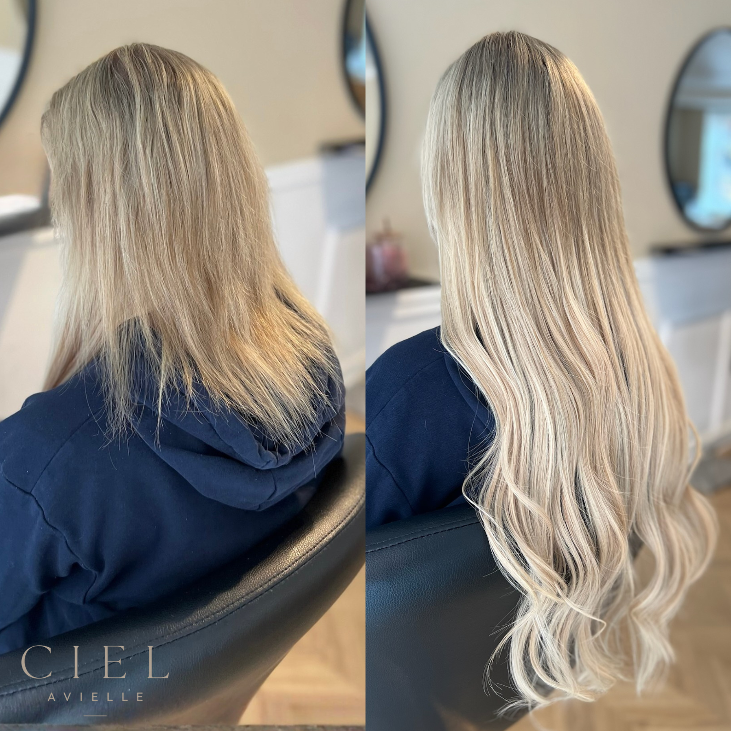 Før og efter – hair extensions hos CIEL AVIELLE i Horsens