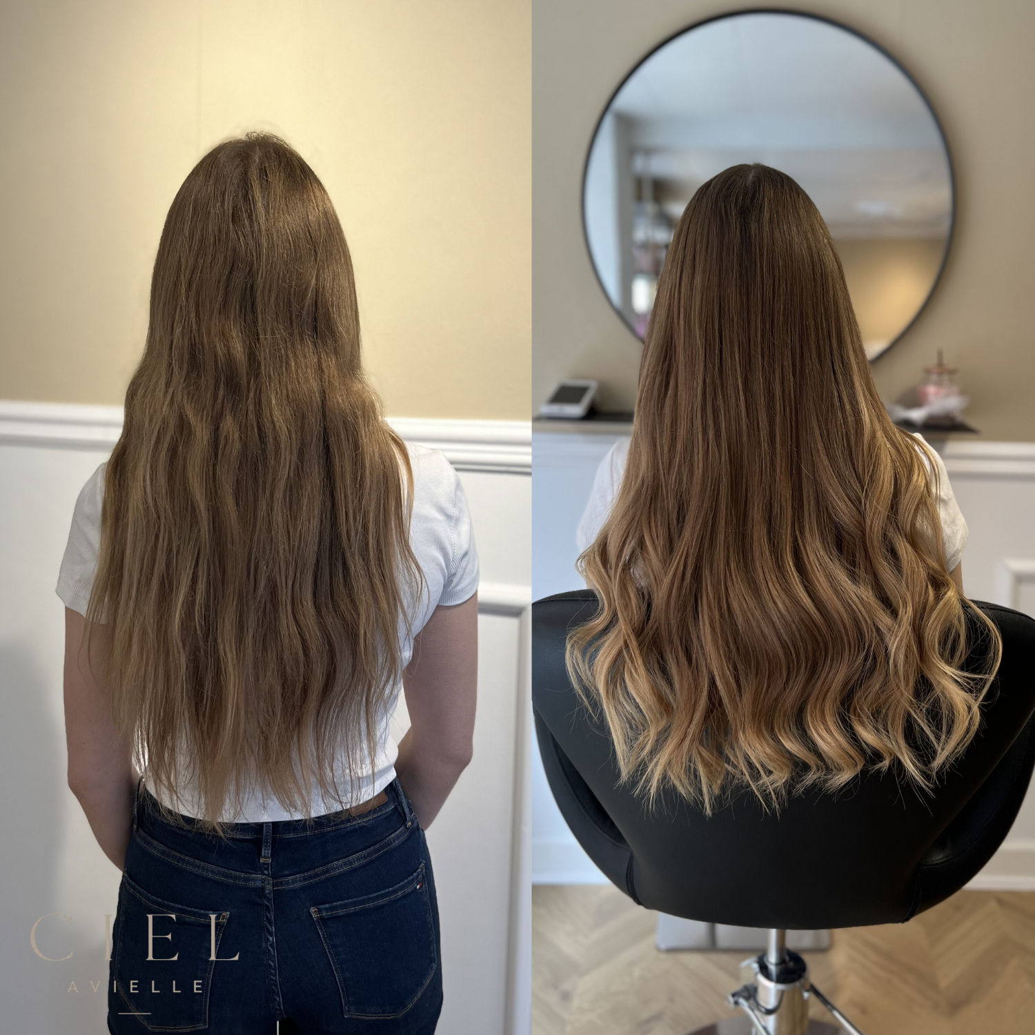 Før og efter – hair extensions hos CIEL AVIELLE i Horsens